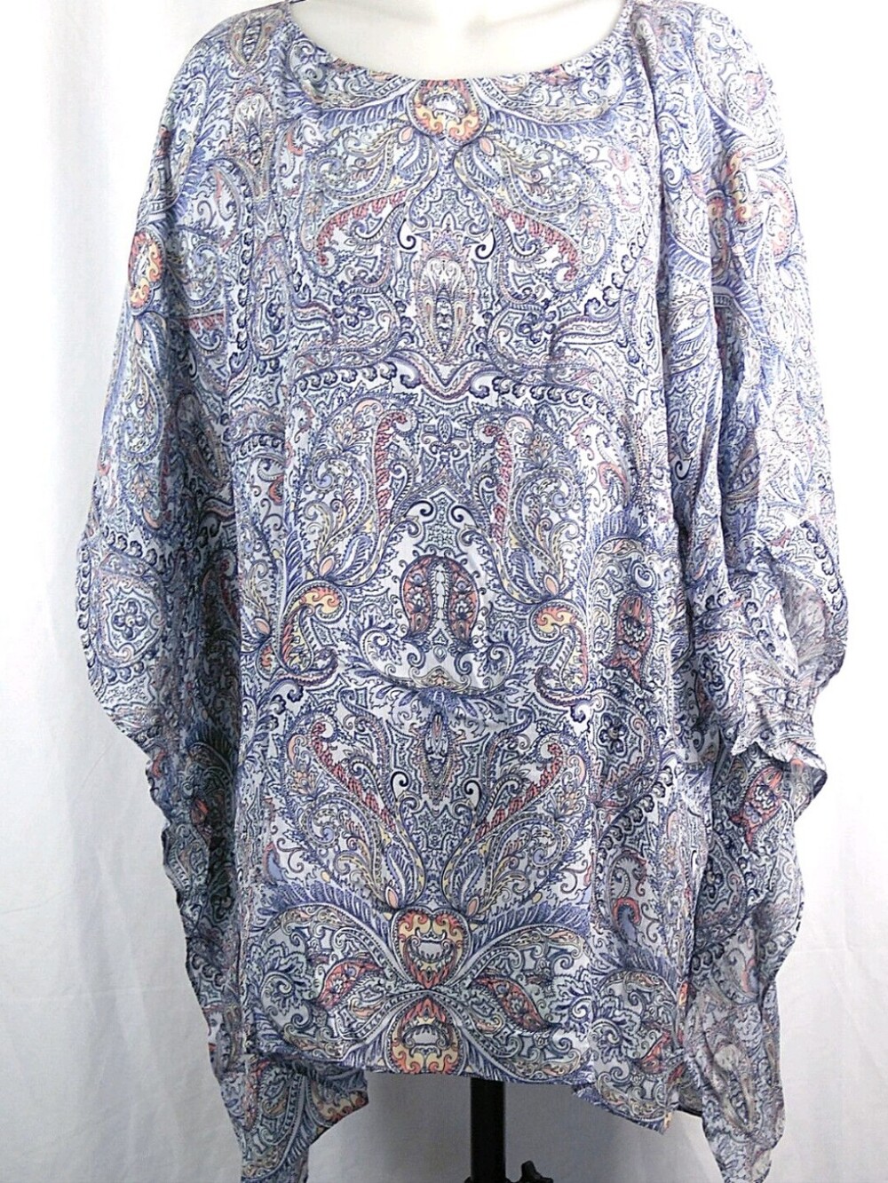 J.Jill NWT One Size Paisley Poncho Blue Multicolor Boho Resort Flowy Elegant - Picture 3 of 6